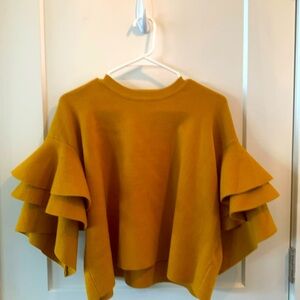 Gold crop top sweater with ruffle bell sleeves. Size large, never worn.